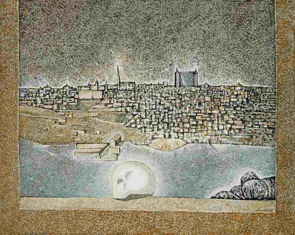 Cráneo y Toledo, 1988, óleo sobre lienzo, de Cristino de Vera