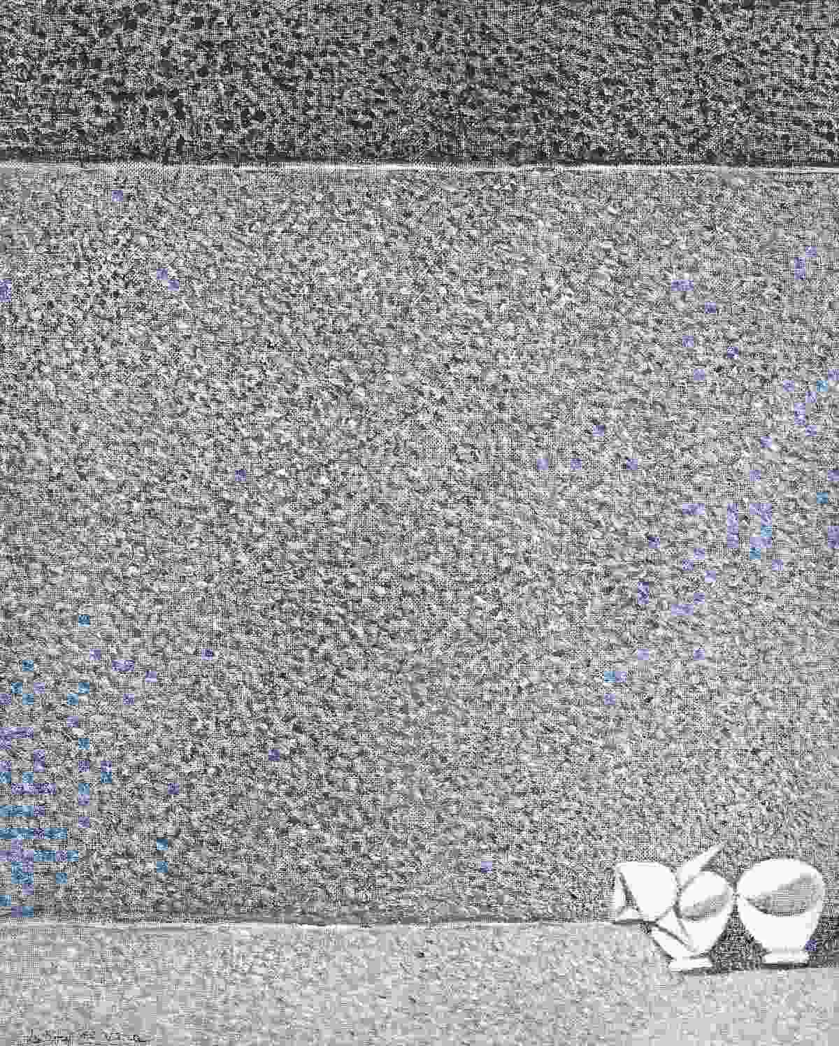 Dos tazas, flor y tres espacios, 2003, óleo sobre lienzo de Cristino de Vera